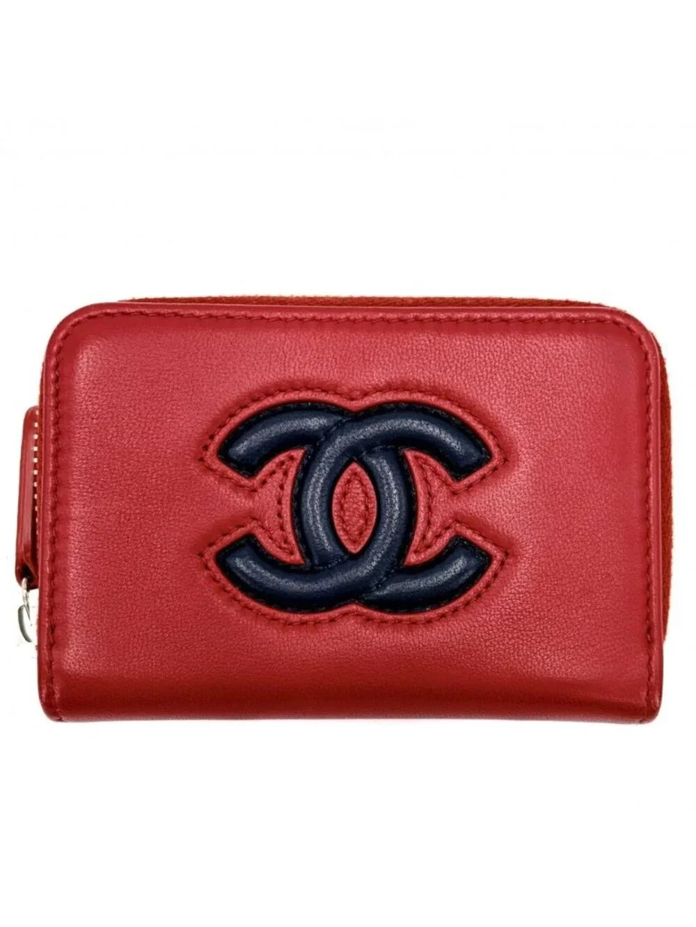 Chanel Coin Case Card CC Logo Purse Leather Red Navy Silver